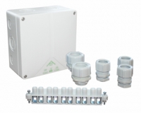 Коробка монтажная Abox 100/S, с клеммником на 10 клемм, 5-ю кабельными вводами, размером 110х110х67 мм, IP54